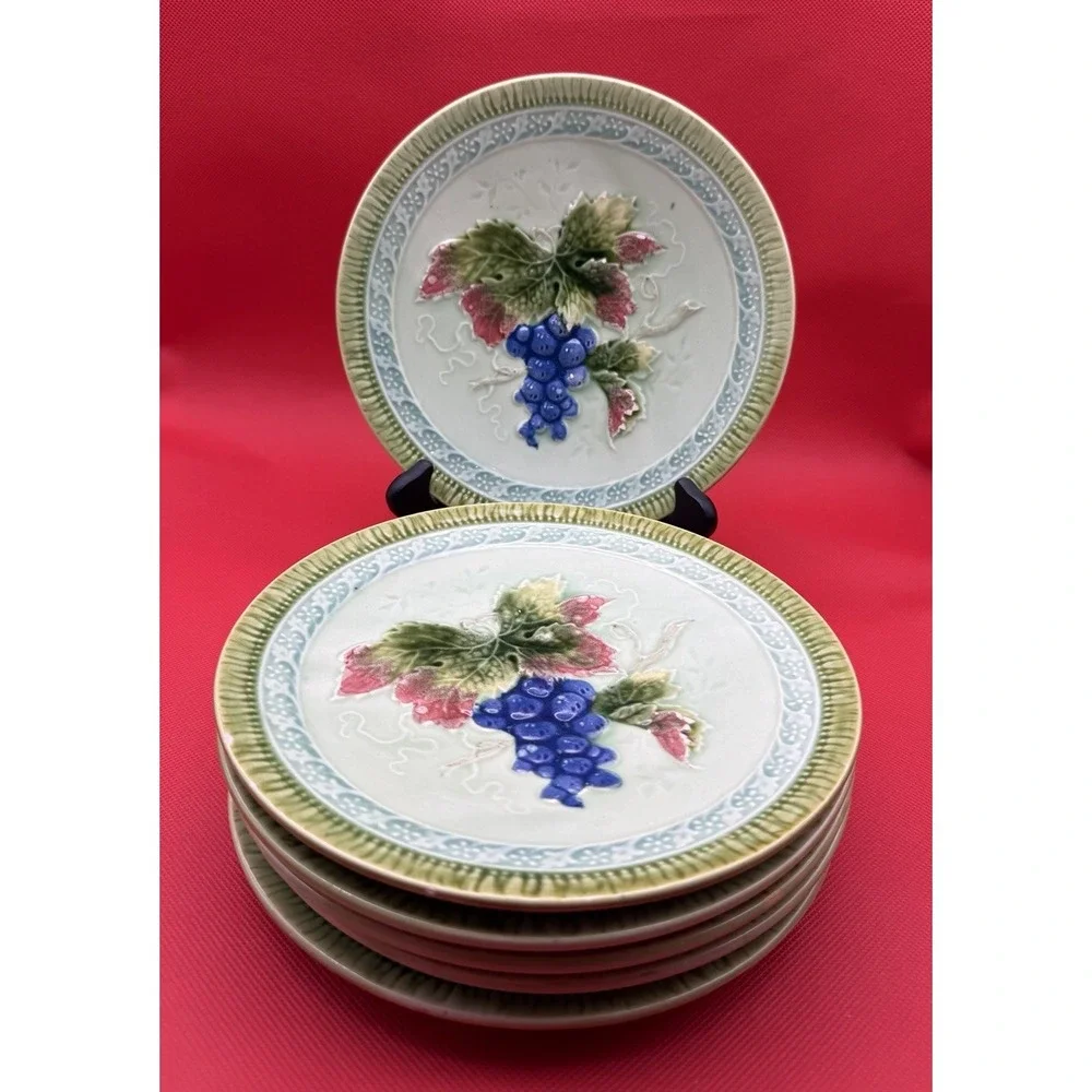 6 Vintage Erphila Germany Black Forest Art Pottery Majolica Grapes Plates 7.75